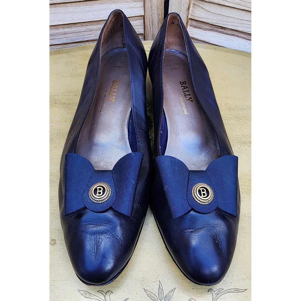 Vtg Bally Sz 11 M Navy Leather Emily Bow Low Heel Pumps Old Money Classic Fall